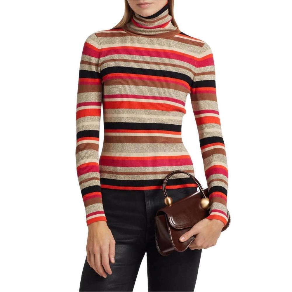 L'AGENCE Striped Turtleneck Sweater in Beige, Pink & Red